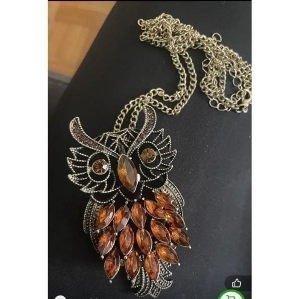 Vintage Style Boho Owl Necklace Long Chain Amber Rhinestone Pendant Jewelry Gift - Picture 9 of 12
